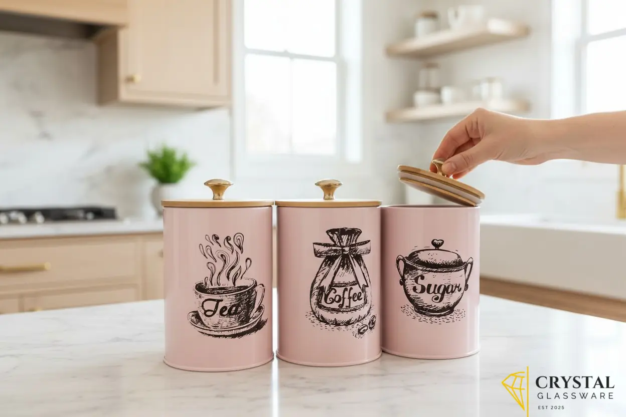  Miaomiaoco 3-piece vintage farmhouse canister set features a pastel pink finish with black labeled graphics 